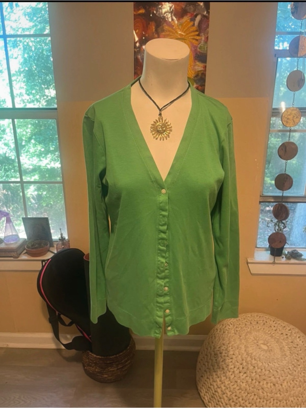 L.L. Bean Bright Green Button-Front V-Neck Long Sleeve Top